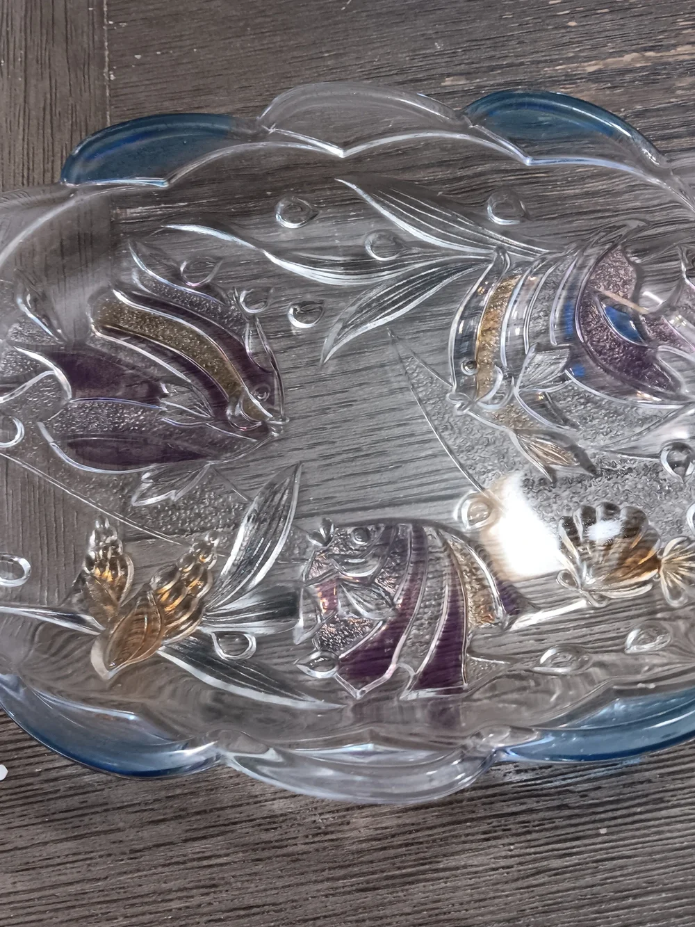Clear Glass Ocean Fish Serving Platter with Blue Trim  -8 By 10